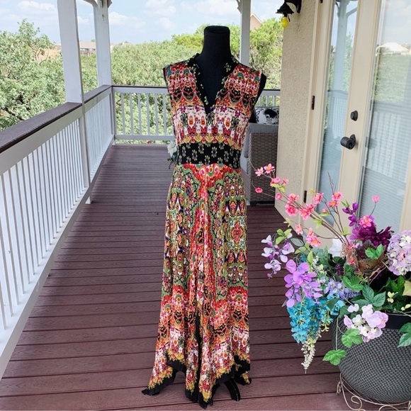 Bila Dresses & Skirts - Bila Multicolor Floral Boho Maxi Dress - Black Trim